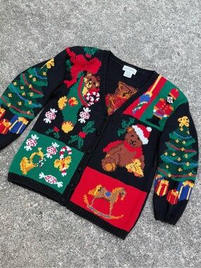 Vintage Alexandra Bartlett Teddy Bear Christmas Cardigan Sweater Size M